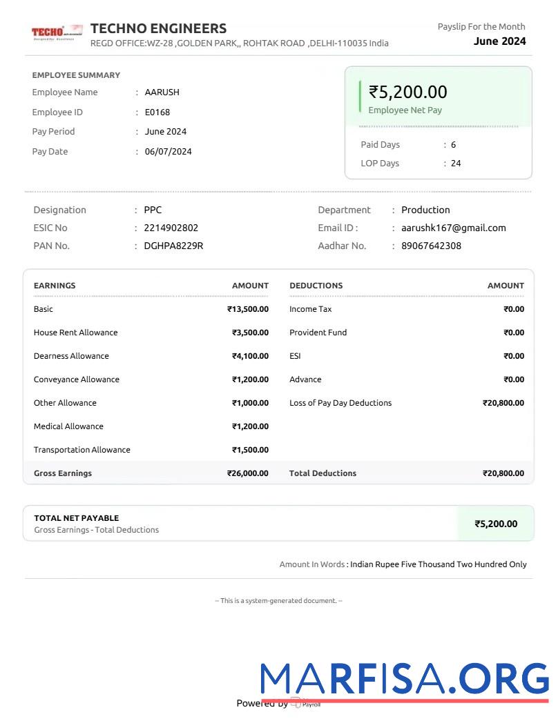 Downloadable Techno Engineers payslip download for verification